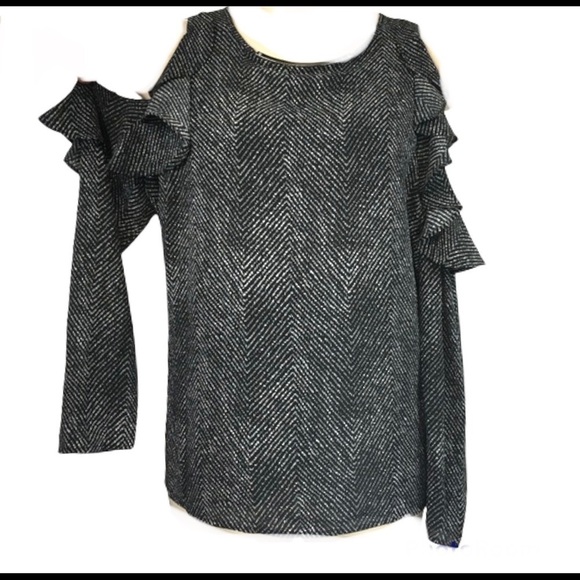 Michael Michael Kors black/white ruffled cold shoulder blouse size L - Picture 6 of 13